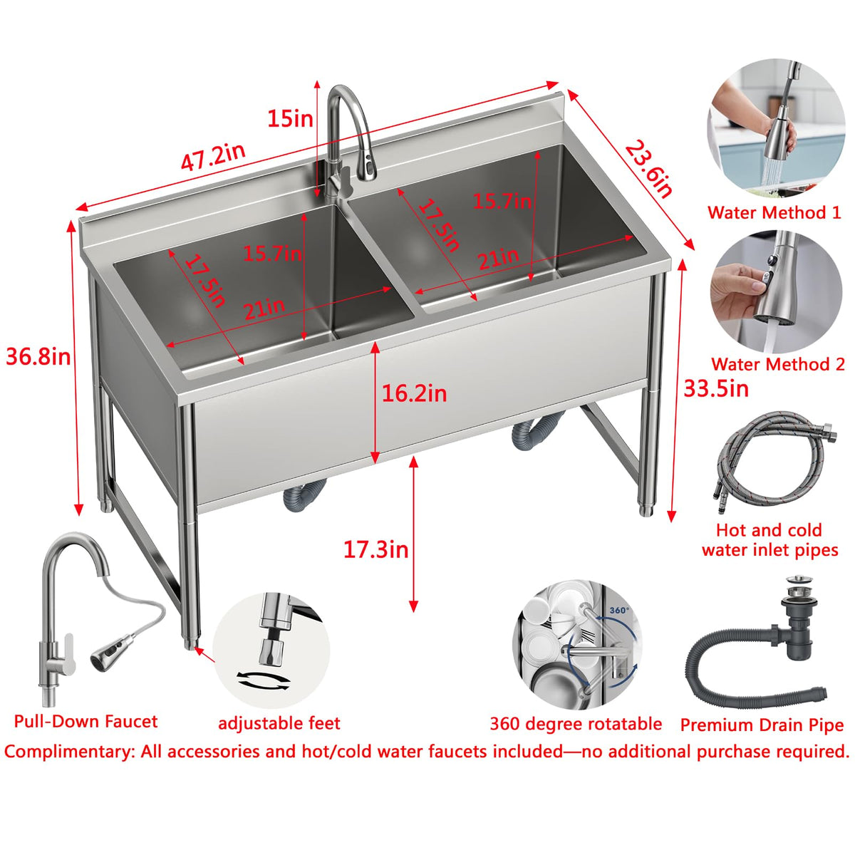 47" Stainless Steel Commercial Sink 2 Bowl Freestanding Kitchen Sink with Pull-out Faucet, Large Utility Sink for Kitchen, Dishwashing, Thawing, Laundry Room, Garage, Outdoor, Total Capacity 50 Gallon