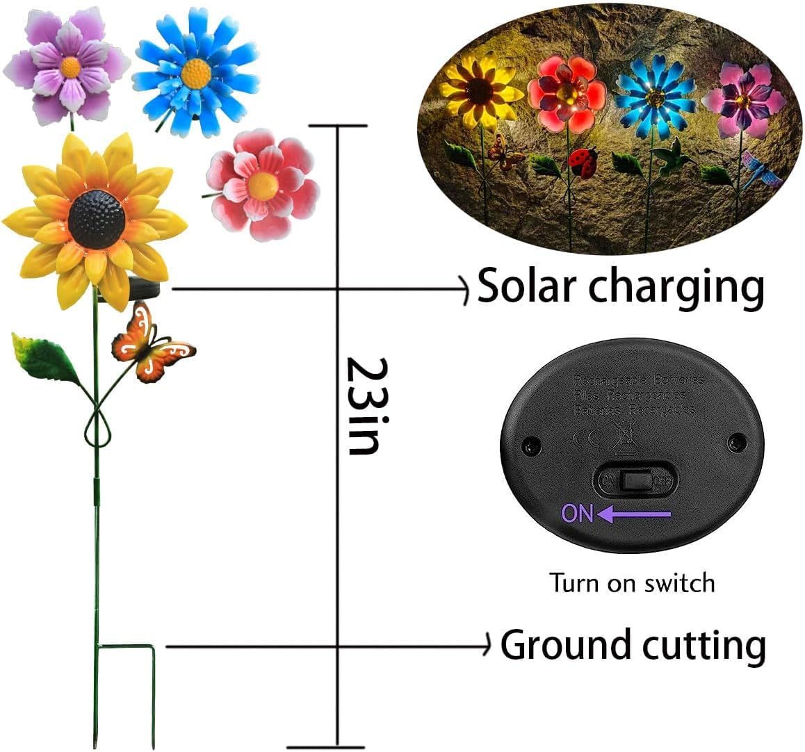4 Pack Outdoor Solar Lights,Outdoor Waterproof Metal Art Stick Flowers,Garden Decor for Women Mom Grandma Halloween Hanging Metal Stakes Lights for Garden,Lawn,Patio