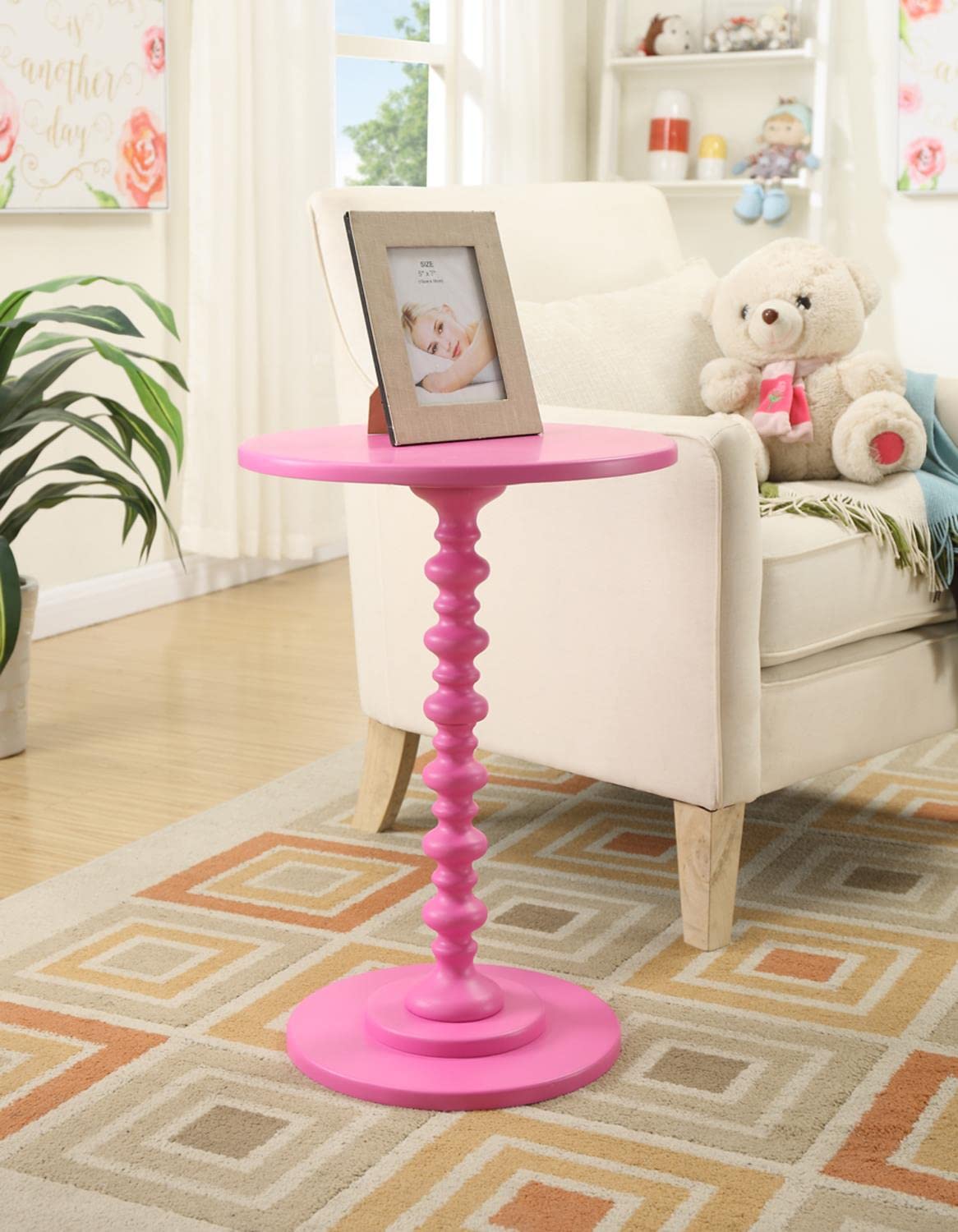 Convenience Concepts Palm Beach Spindle Table 17.75" - Traditional Round End Table for Living Room, Turned Solid Wood Side Table, Classic Display Pedestal Table, Pink
