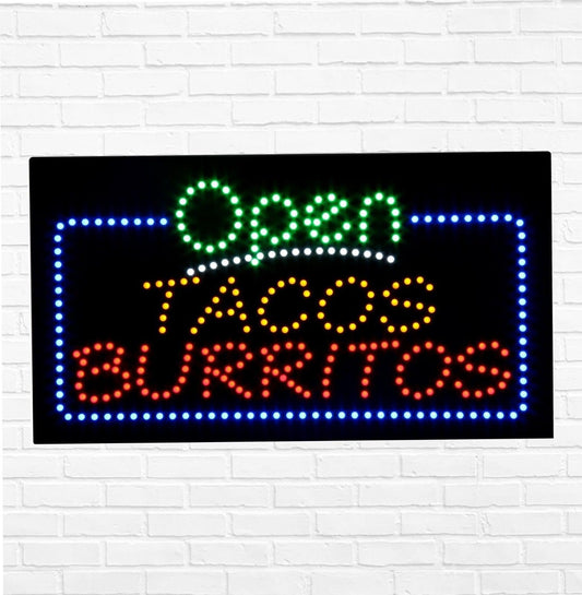 LED Open Tacos Burritos Sign for Retail Business Displays |Advertising Electronic Light Up Sign for Windows Walls |12"h x 24"w x 2"d