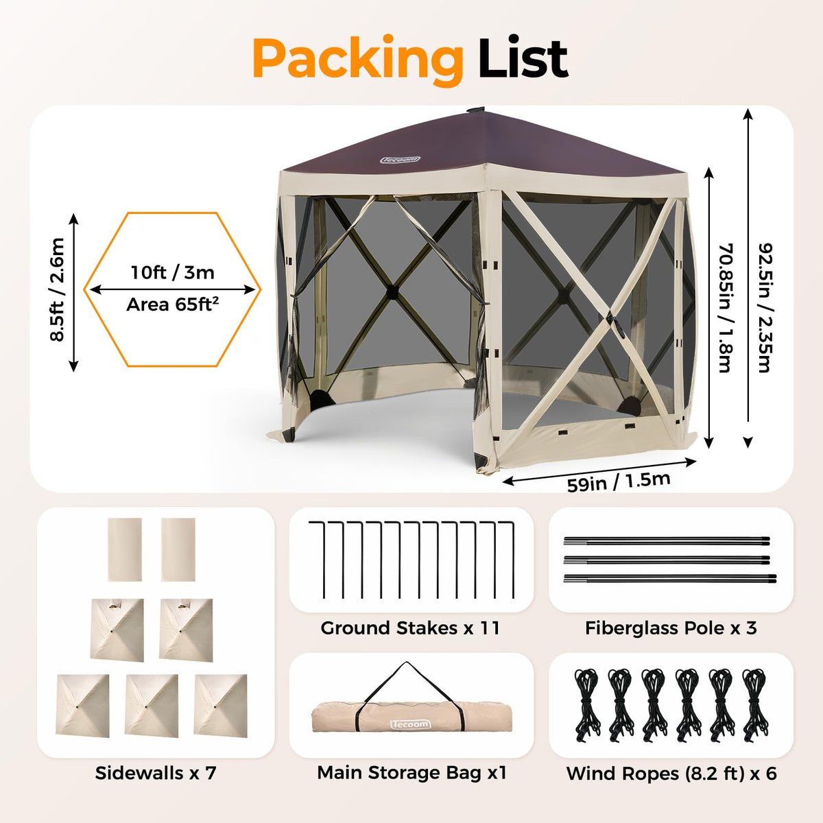 Tecoom 6-Sided Pop Up Gazebo Tent, Screen House with Mosquito Netting Canopy for Camping, 10x10ft Portable Sun Shelter Removable Siedwalls for Outdoor, Garden, Activities, Khaki