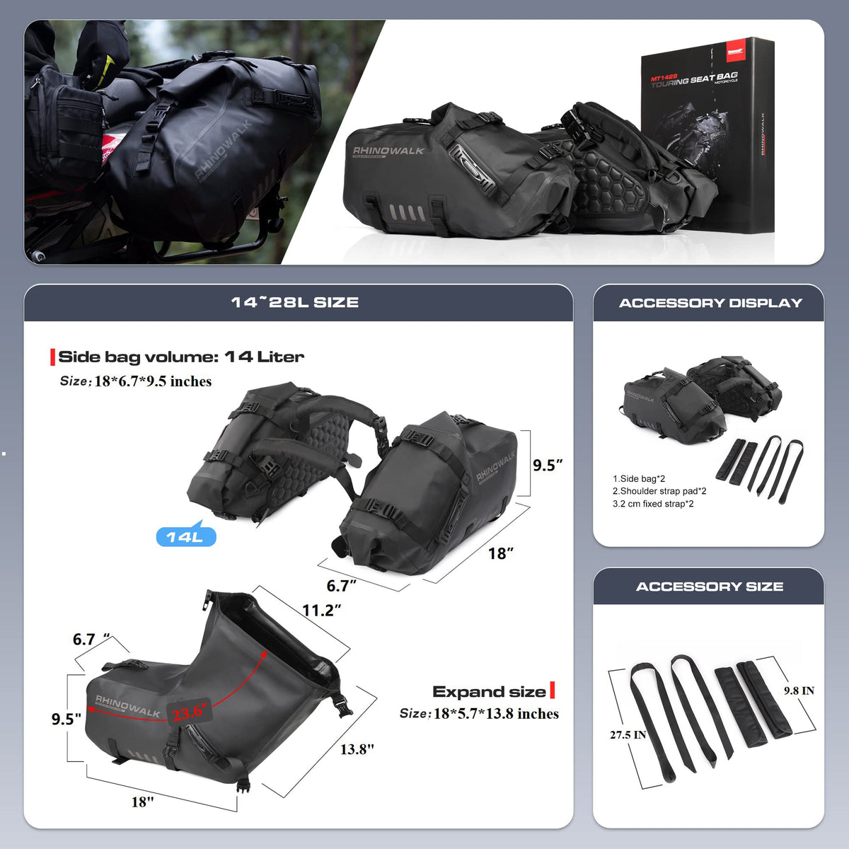 Rhinowalk Motorcycle Saddle Bags Waterproof Anti-Vibration Motor Side Bags Shoulder Bag Motorbike Panniers 28L(14L*2) for most Adventure and Sport Motorcycle Racks, 1 Pair