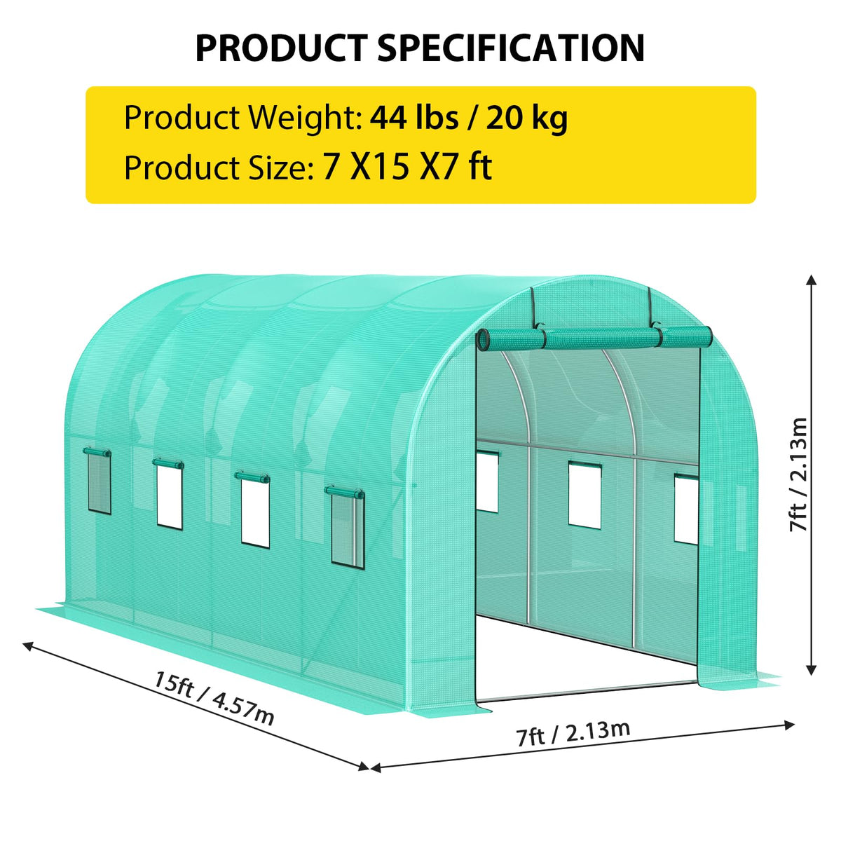 ChicCoutured 15x7x7 ft Walk-in Tunnel Greenhouse with Galvanized Steel Frame & 8 Mesh Windows, Weather-Resistant Outdoor Plant Hot House for Vegetables, Green PE Cover & 2 Roll-Up Zipper Doors