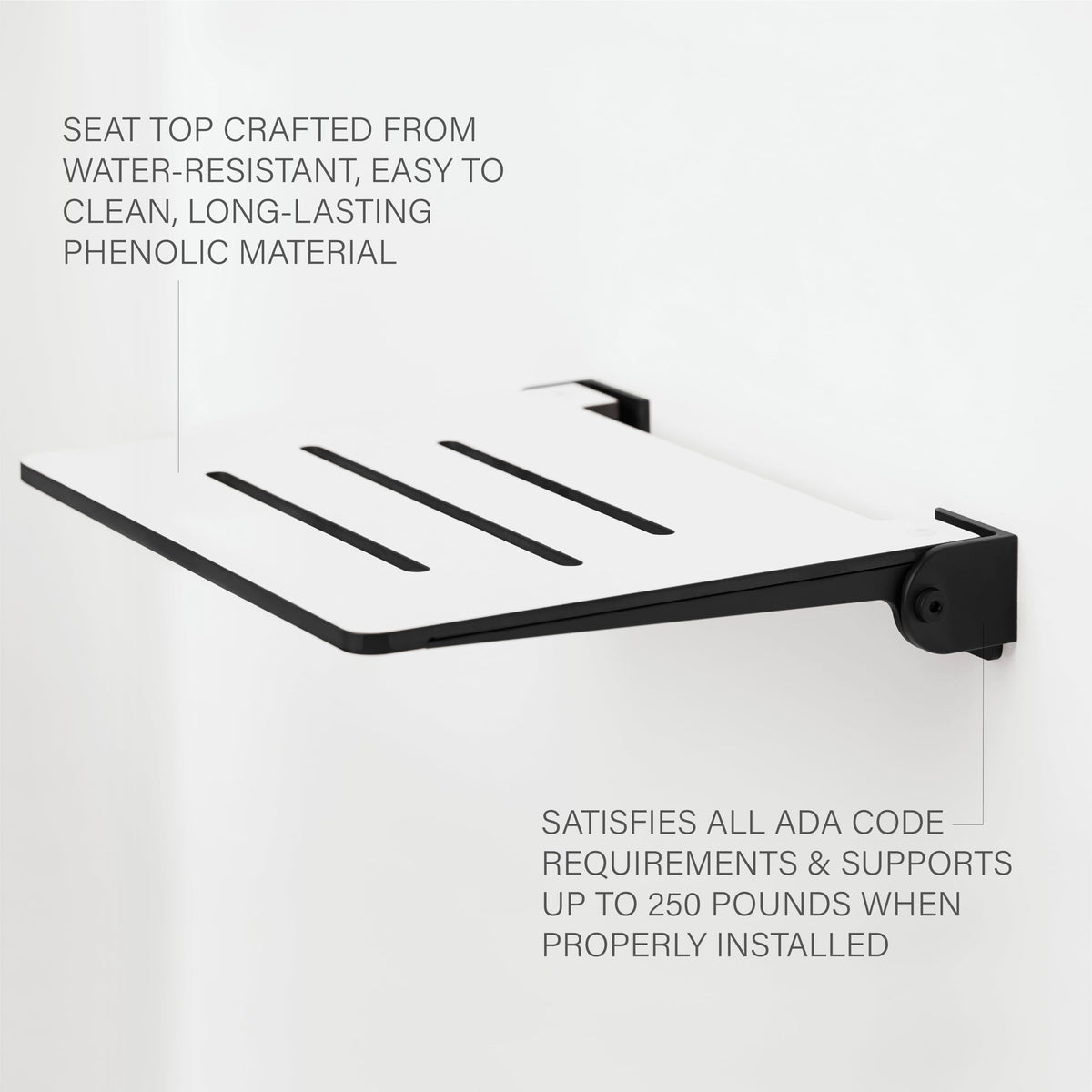 Seachrome 18 inch Silhouette Slimline Folding Wall Mount Shower Bench Seat, White Seat with Matte Black Frame