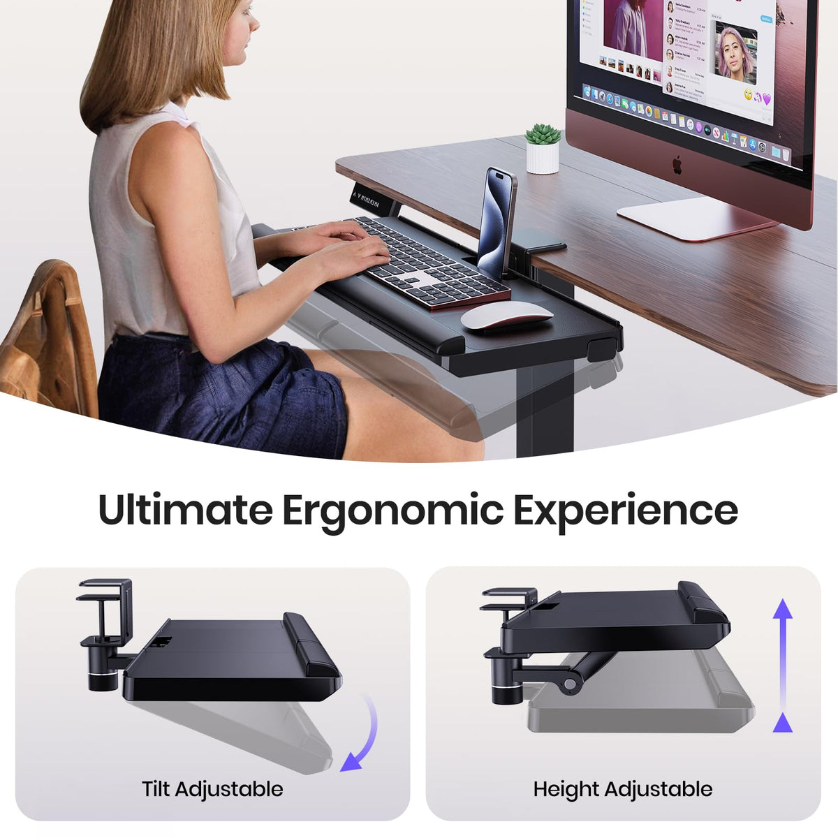 Klearlook Upgraded Adjustable Keyboard Tray for Above Desk & Under Desk Use - Ergonomic Sit-Stand Keyboard Riser with 360° Rotation, 24.4"×10" Keyboard Stand with Wrist Rest & Storage Drawer - Black