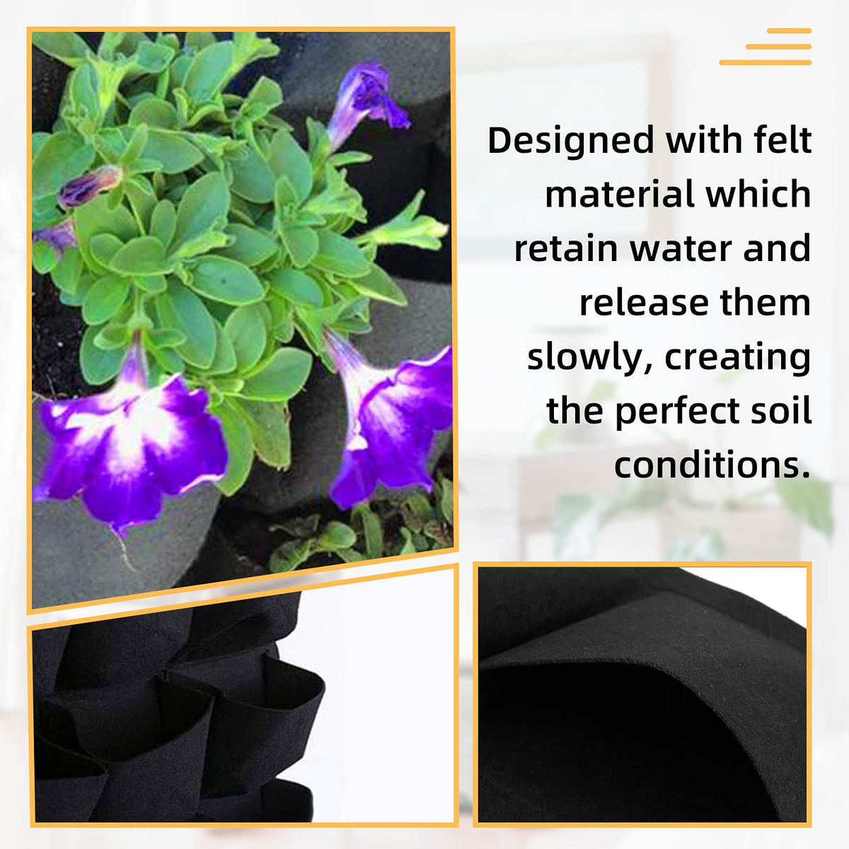 Hanging Planting Grow Bags, 90 Pockets Wall Planter Wall Mounted Grow Bag Outdoor Indoor Gardening Vertical Greening Flower Container, Planting Bags Storage Bags(1.1 m × 1.1 m, Black)
