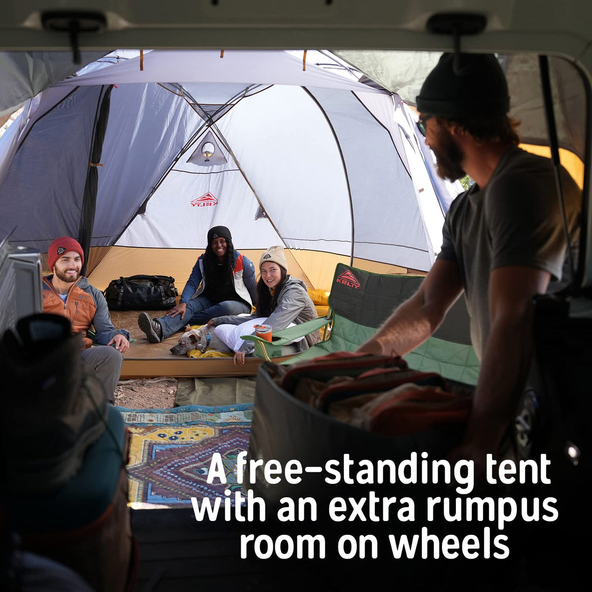 Kelty Caboose 4P Tent and Vehicle Awning Shelter, Universal Attachment for Vans, Trucks, SUVs, Standing Height Door, Massive Vestibule, Fully Freestanding, Designed in Sunny Colorado (2023)