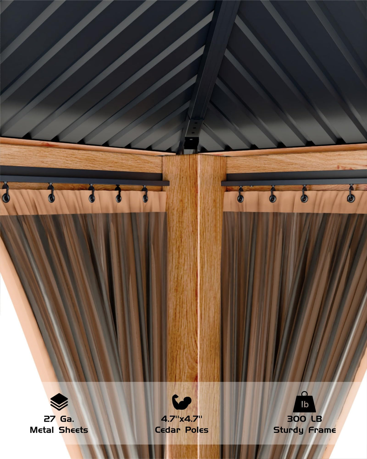 GarveeLife Hard top Wood Gazebo 10 ft x10 ft for All Weather, with Double Metal Roof, Heavy Duty Wooden Frame, Net, and Curtain, Permanent Building for Patio, Deck, Backyard, Lawn, and Garden, Khaki