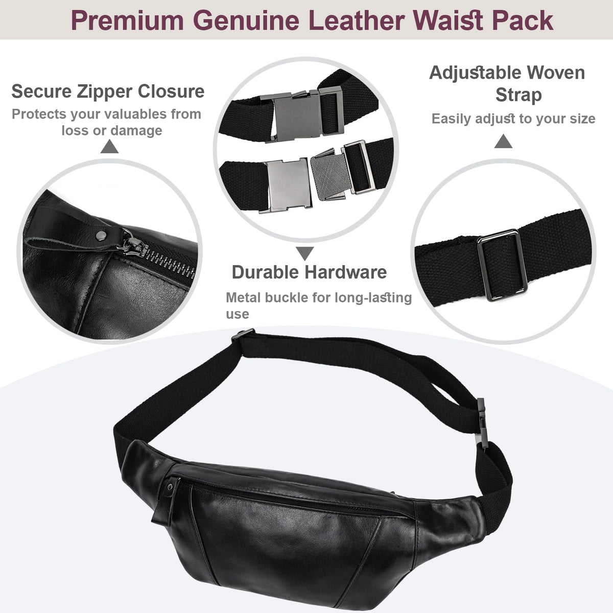 Yevabo Genuine Leather Waist Bag for Men Women, Fanny Pack with Multi-Pockets, Adjustable Strap for Travel, Hiking & Daily Use, Black