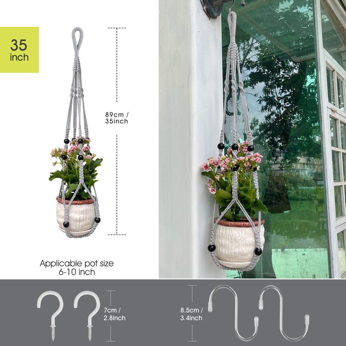 Macrame Plant Hanger for 5 to 10 Inch Plant Pots, Set of 2 Indoor Handmade 35 Inch Woven Rope Hanger Kits with Hooks and Wood Beads, Hanging Planter Basket Holder for Boho Home Decor (Grey, 2 Pack)