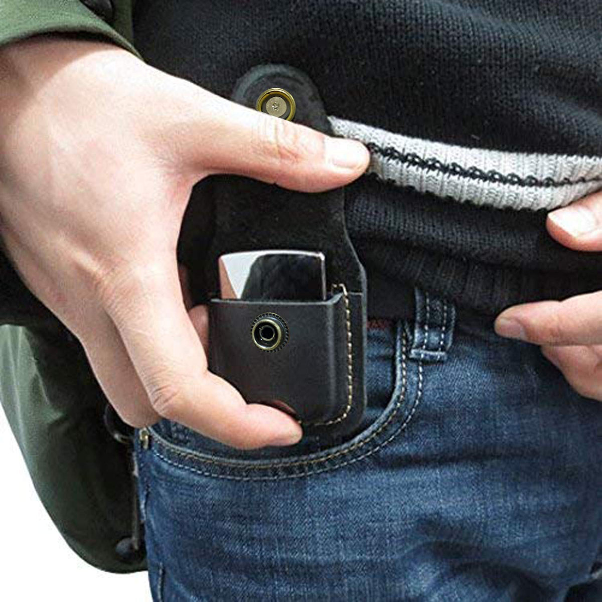 Handmade Fliptop Leather Lighter Pouch Holder Case with Pocket Belt Loop (Retro-Brown)