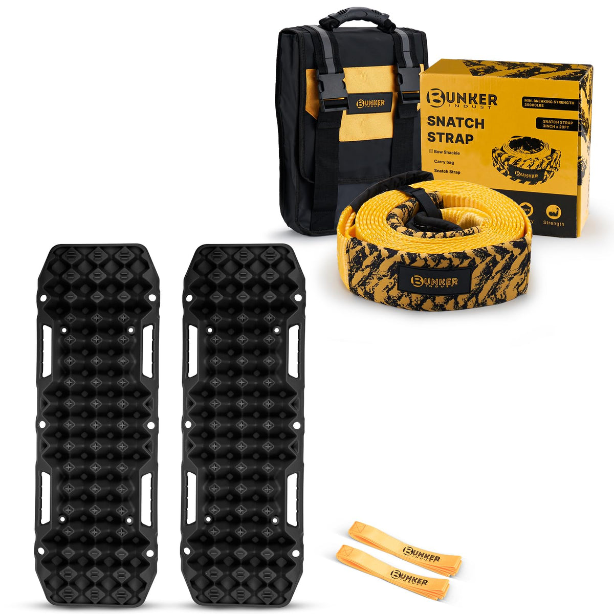 BUNKER INDUST Off-Road Traction Boards (Black) + 3" x 20ft Tree Saver Winch Strap 35,000 lbs Recovery Straps