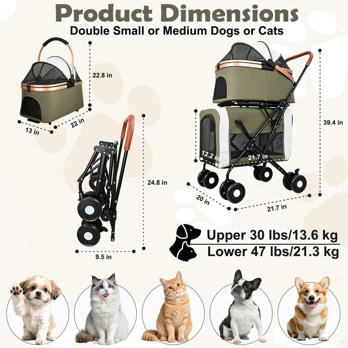 Double Pet Stroller for Dogs and Cats: Dog Stroller Foldable Travel Carriage with Detachable Carriers, Safety Belts, and 4 Lockable Wheels for Small to Medium Pets – Ideal for Multi-Pet Homes (Green)
