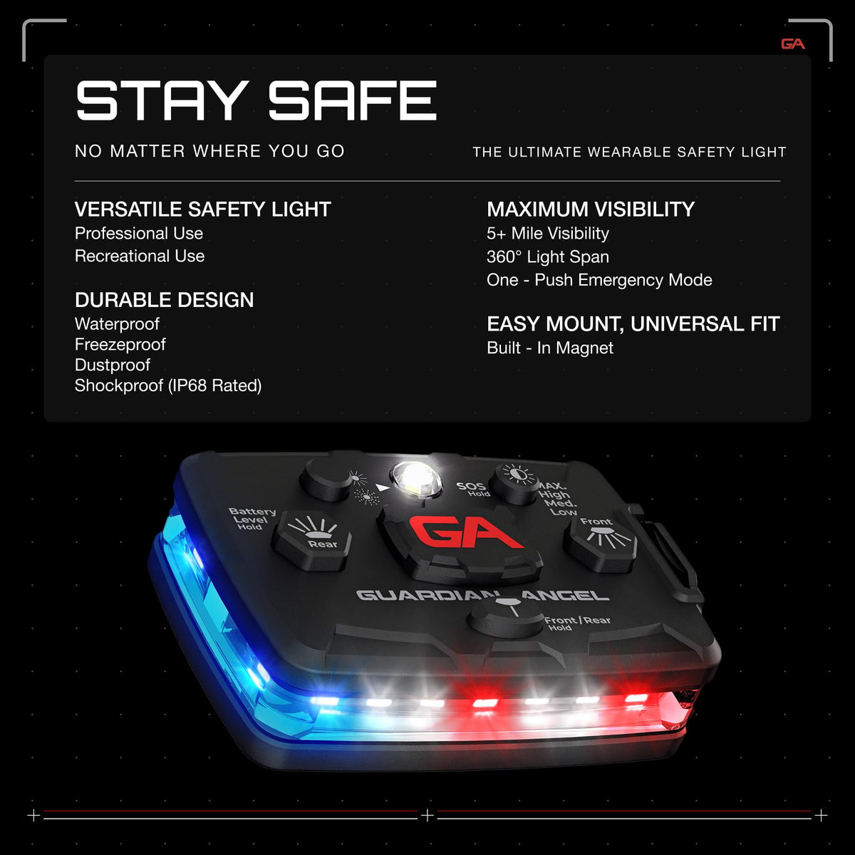 Guardian Angel Elite Series Safety Light - Red/Blue/White Front & Red/Blue Rear - Rechargeable, Magnetic, Hands-Free Wearable LED Flashlight for Law Enforcement, First Responders & Firefighters