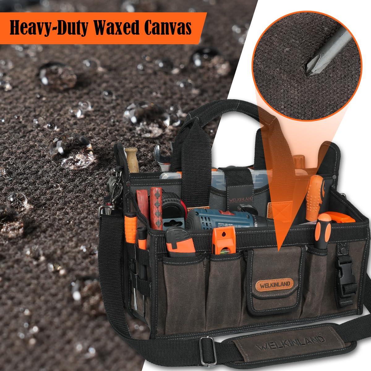 WELKINLAND 20-Pockets Electrician Tool Tote, 16"-Wide Open Top Tool Tote, Waxed-Canvas Electrical Tools Bag, Heavy-Duty Tool Bags For HVAC Tech, Stay-Up Technician Tool Bag