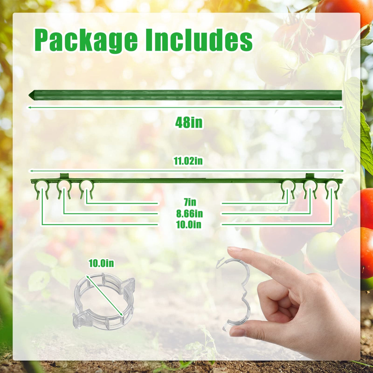 10 Packs Tomato Cages for Garden Support Up to 48" Tomato Plant Stakes Support with Adjustable Snap Arms Clips Plastic Coated Alloy for Outdoor Beans Potted Climbing Plant Supplies(Green)