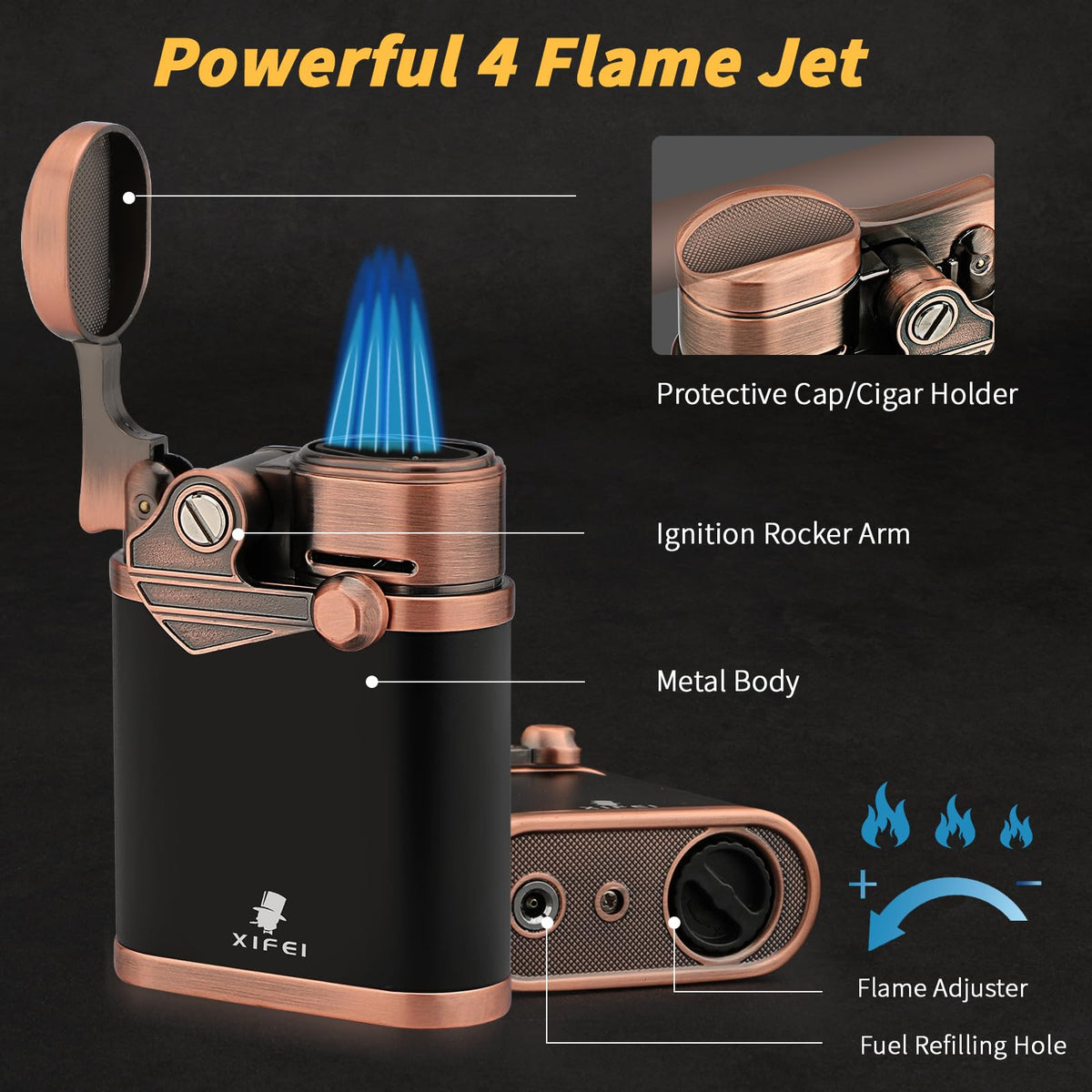 XIFEI Cigar Lighter 4 Jet Flame Torch Lighter with Cigar Holder, Windproof Rocker Arm Lighter Adjustable Flame, Refillable Butane Lighter Smoking Lighters Gift for Men (Bronze)