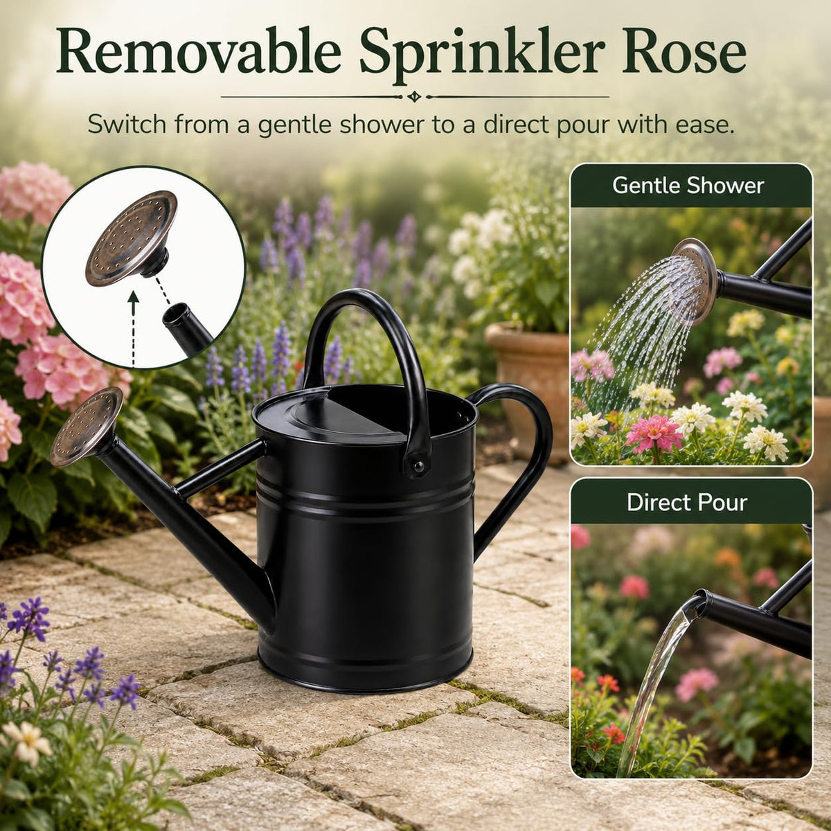 1 Gallon Metal Watering Can for Indoor Outdoor Plants, Galvanized Steel Watering Can with Removable Spout, 2 Stainless Steel Handles, Garden Flower Watering Pot