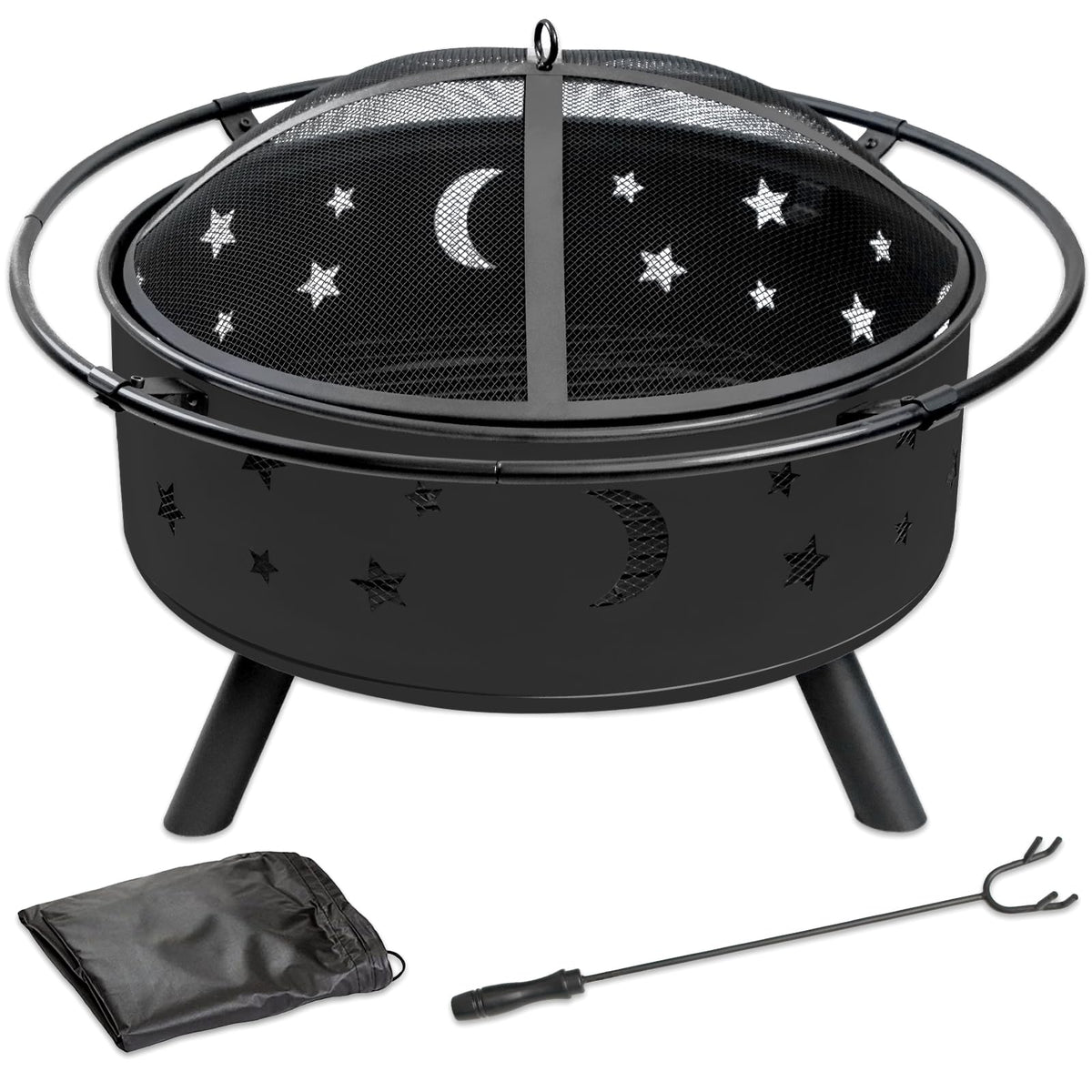 Quilushey 32 Inch Fire Pit Outdoor Fireplace, 2 in 1 Metal Round Firepit for Outside Bonfire Party, BBQ, Camping, Backyard, Patio, Garden, Picnic w/Fire Poker, Spark Screen, Grate, Cover (Moon&Star)