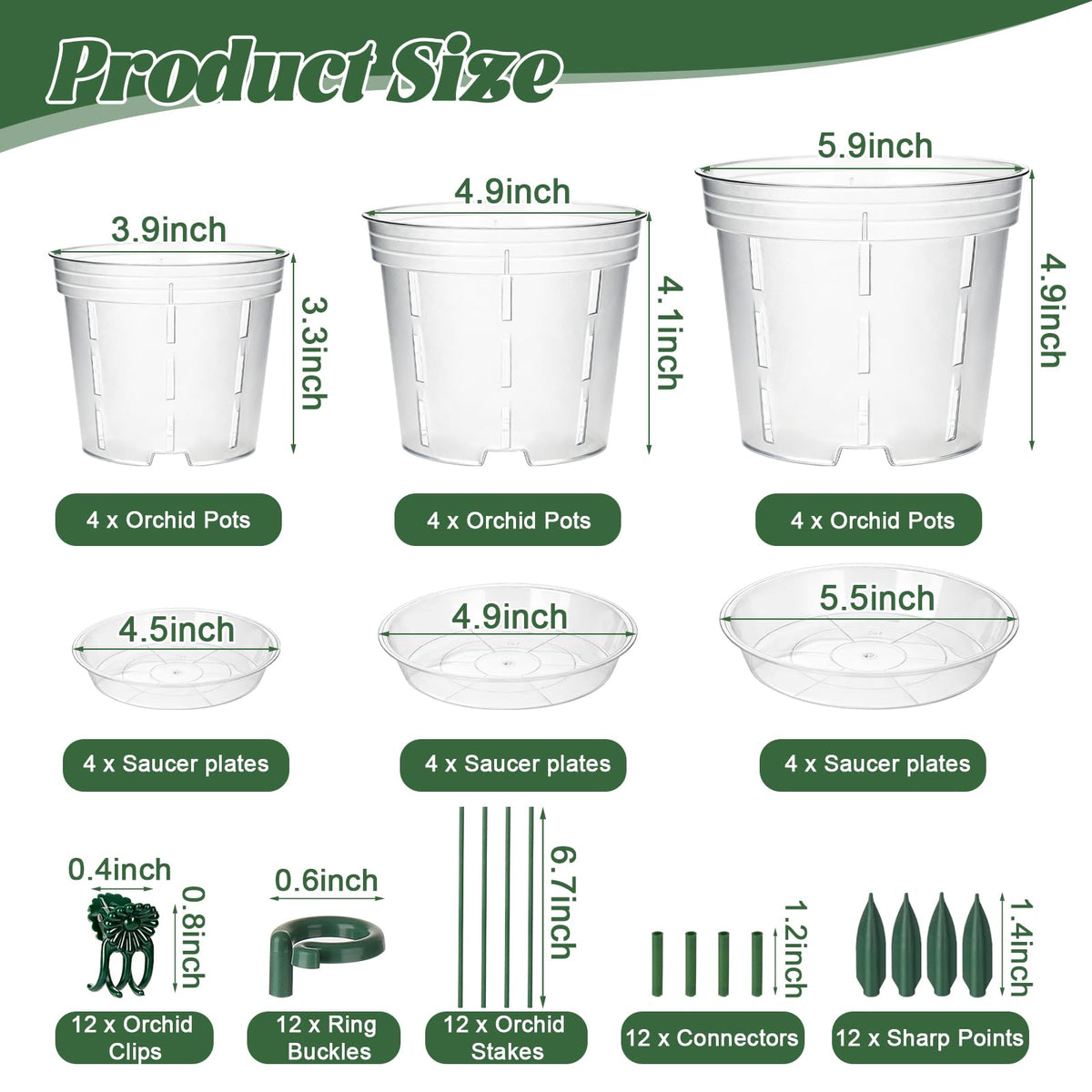 LUCKJUJU 12 Sets Orchid Pot with Holes, 4, 5, 6 Inch Clear Plastic Plant Pot with Saucers, Plant Stakes, Clips, Orchid Pots with Drainage for Repotting for Indoor Outdoor Plants