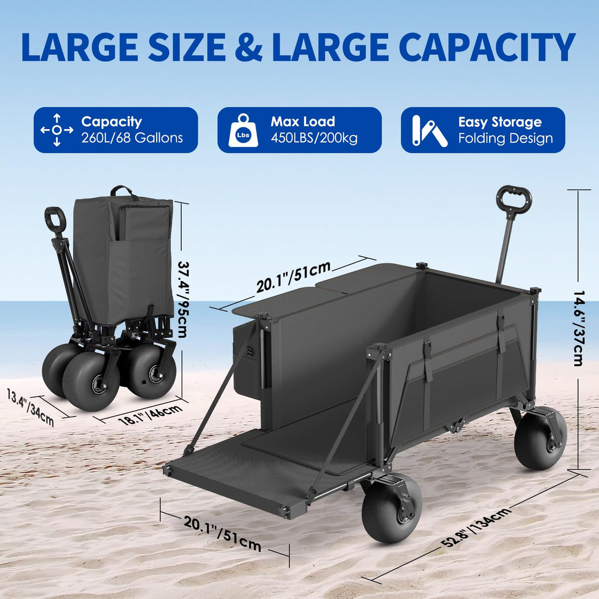 Beach Wagon with Big Wheels for Sand - 450lbs Load Heavy Duty Wagons Carts Foldable with 9" All Terrain Inflatable Tires, Collapsible Beach Cart for Grocery Shopping Garden Sports Camping Outdoor