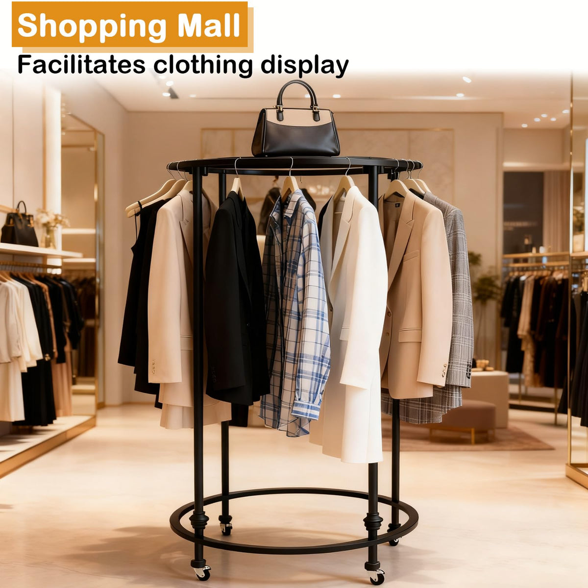 Round Garment Racks for Hanging Clothes, Portable Rolling Floor Standing Wardrobe Rack with Topper, Rotate 360 °Clothing Racks for Bedroom, Clothing Store, Dance Hall (Black, 27.5 inches x 51 inches)