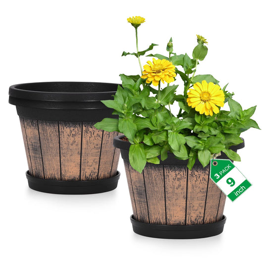 Quarut Plant Pots Set of 3 Pack 9 inch,Whiskey Barrel Planters with Drainage Holes & Saucer.Plastic Decor Flower Pots Imitation Wine Barrel Design,for Indoor & Outdoor Garden Home Plants (Brown)