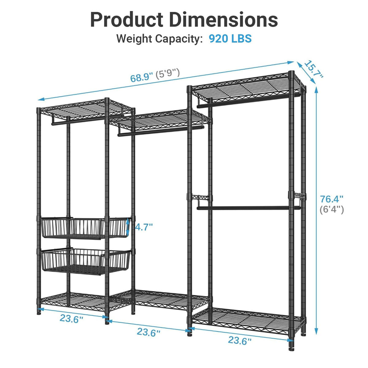 VIPEK V10 Garment Rack Large Size Heavy Duty Clothes Rack with Hanging Rods, Adjustable Shelves & 2 Slid Storage Baskets, Wire Clothing Rack 68.9" W x 15.7" D x 76.4" H, Max Load 920 LBS, Black