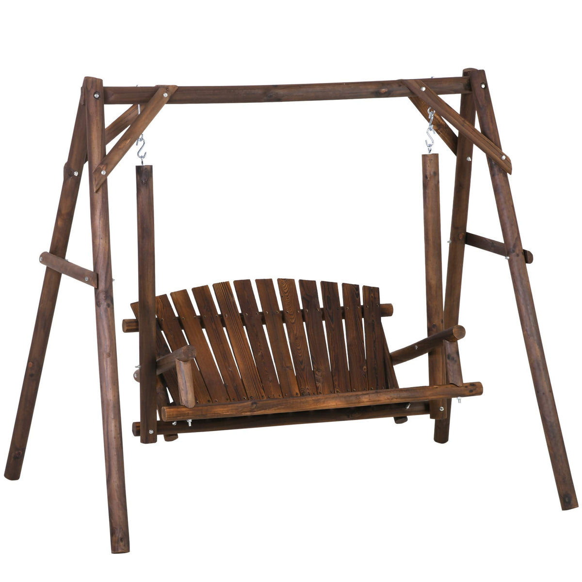 Outsunny 2-Seat Porch Swing with Stand, Wooden Patio Swing Chair Bench, for Garden, Poolside, Backyard, Brown