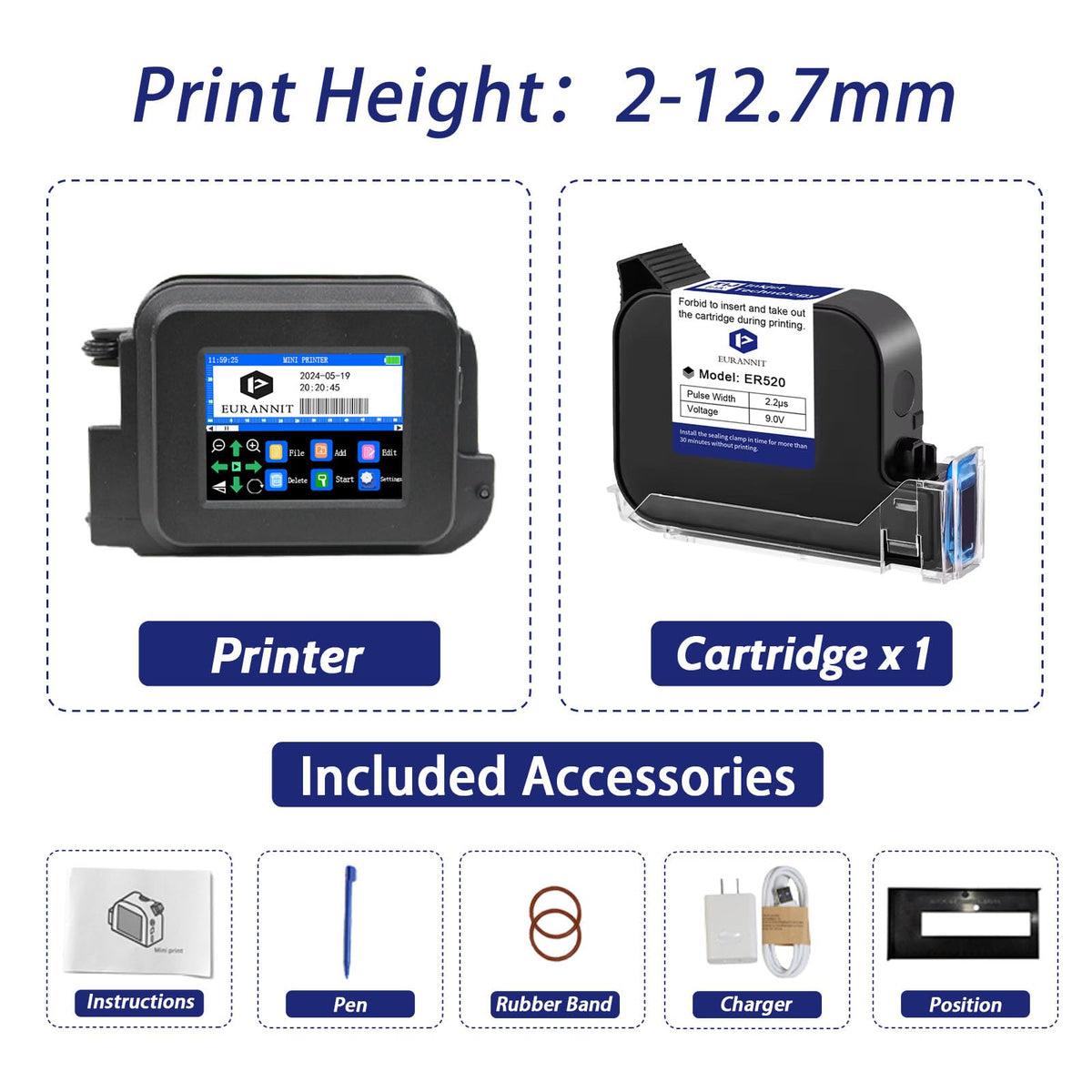 Eurannit XMINI Handheld Inkjet Printer 12.7mm with ER520 Ink Cartridge