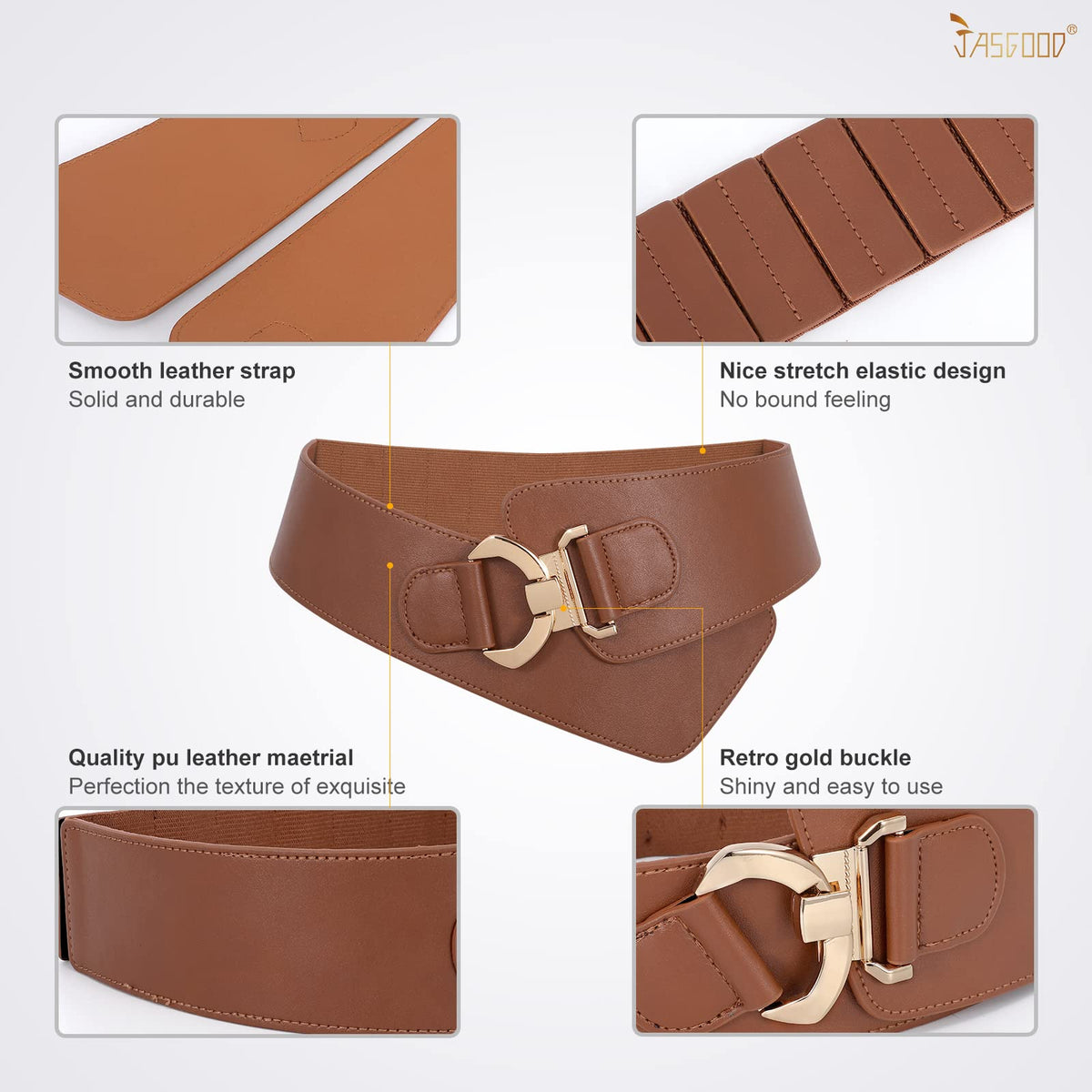 JASGOOD Women's Fashion Vintage Wide Elastic Stretch Waist Belt with Gold Interlock Buckle Halloween Belt (Brown,Suit Waist 36-42 Inch)