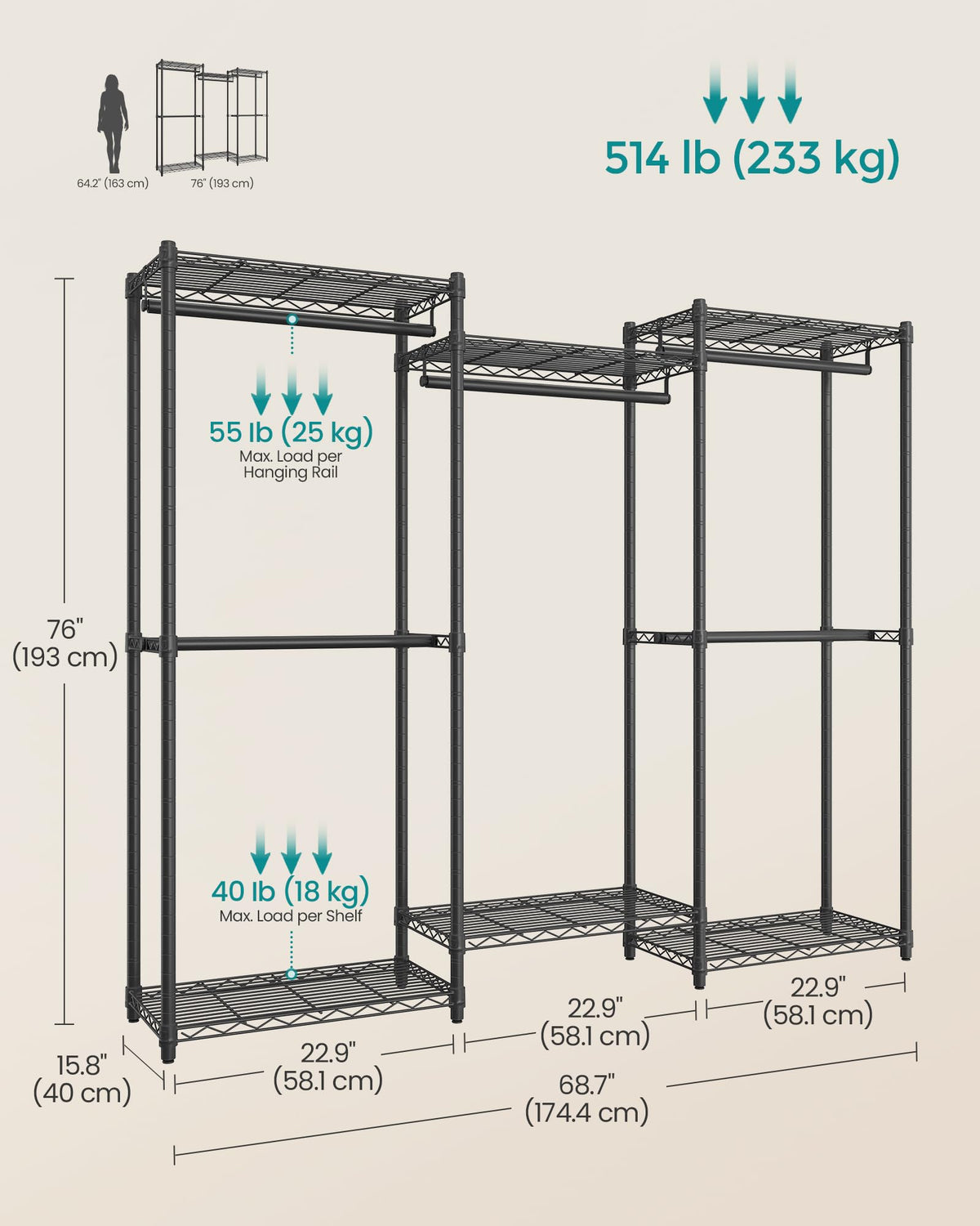 SONGMICS Heavy-Duty Clothes Rack, Garment Rack, Portable Closet, 68.7-Inch Wide Clothing Rack with Adjustable Mesh Shelves and Hanging Rails, Ink Black ULGR433B01