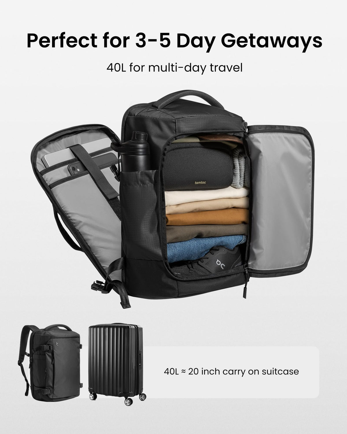 tomtoc Travel Backpack 40L and 3 Set Packing Cubes for Travel Essentials