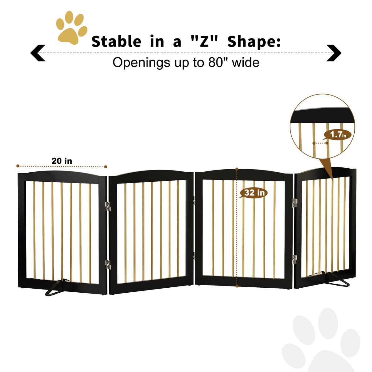 PUPETPO Freestanding Pet Gate for Dogs, Foldable Wooden Dog Gate for House, Indoor Dog Gate for Stairs, Doorways, Step Over Pet Puppy Safety Fence, 80 Inch Wide, 4 Panels 24", Black & Gold