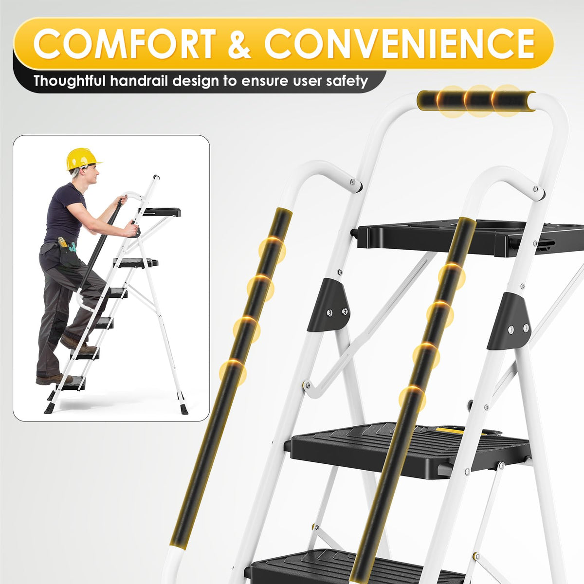 TOOLF 5 Step Ladder, Sturdy Steel Step Stool with Tool Platform, Anti-Slip Wide Pedals, Handrail, Safe-Lock Design, Folding Portable Ladder for Home, Kitchen, Pass 800lbs Load Testing, White