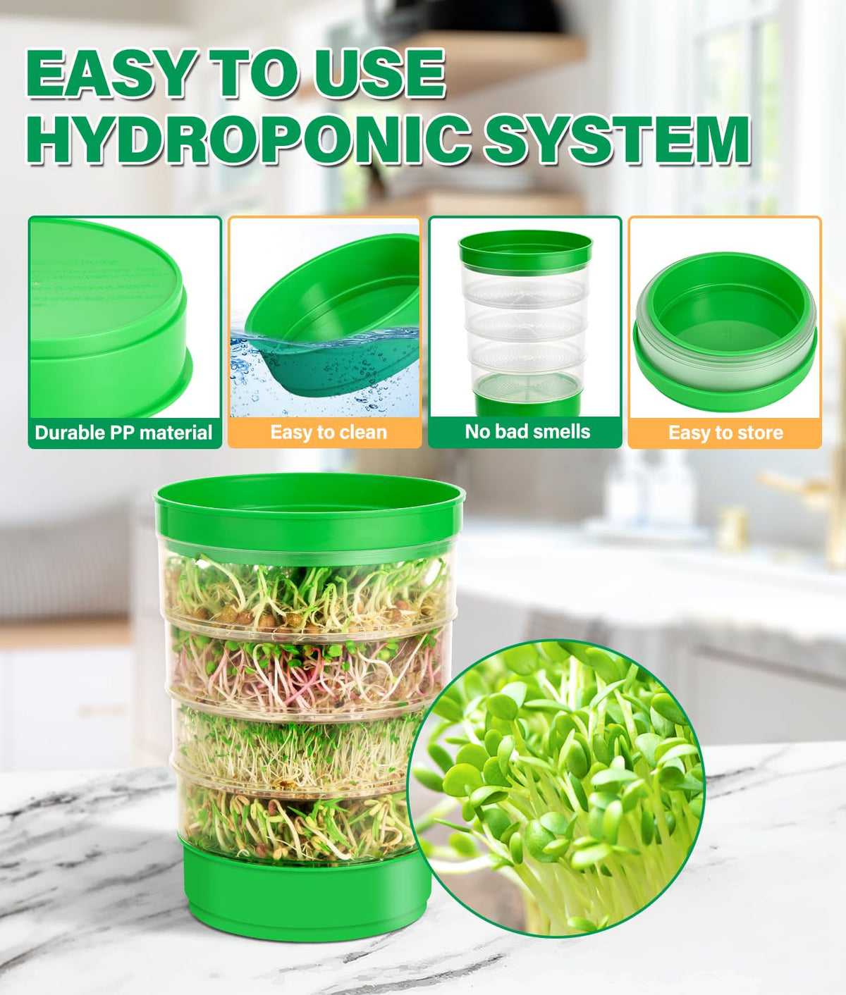 HK Stackable Seed Sprouting Kit, 4-Tier Microgreens Growing Kit with Drain Holes and Drain Tray, Fresh Organic Bean Seed Sprouter Tray, Soil-Free Sprouter Tray for Beans Alfalfa Seeds