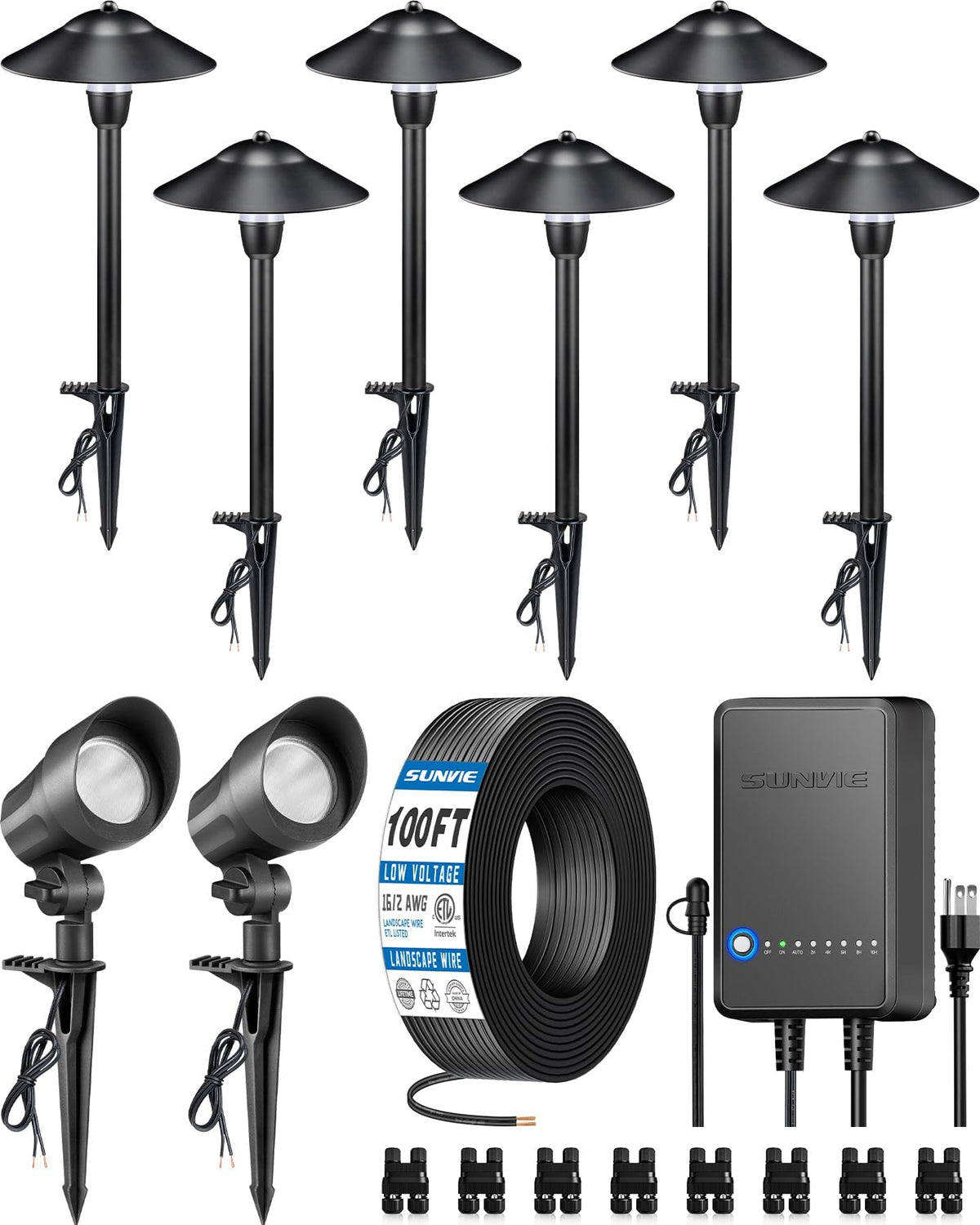 SUNVIE All-in-ONE Landscape Lighting Kit 6-Pack LED Outdoor Pathway Lights, 2-Pack Spotlights, 60W Transformer, 100FT 16/2 AWG Wire and Connectors Outdoor Landscape Lighting for Walkway Garden Yard