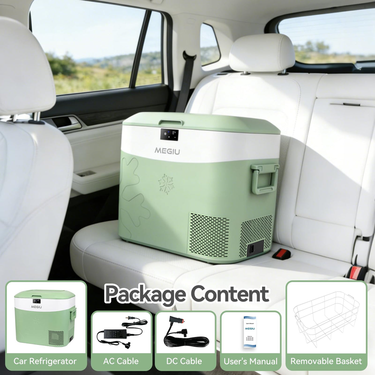 Megiu Car Fridge Portable 12 Volt Refrigerator 23 Quart (22 Liter) Freezer Compressor Cooler 12V/24V DC 110～240 V AC for Outdoor, Camping, Travel, Home Use -18℃~+15℃ (Green)