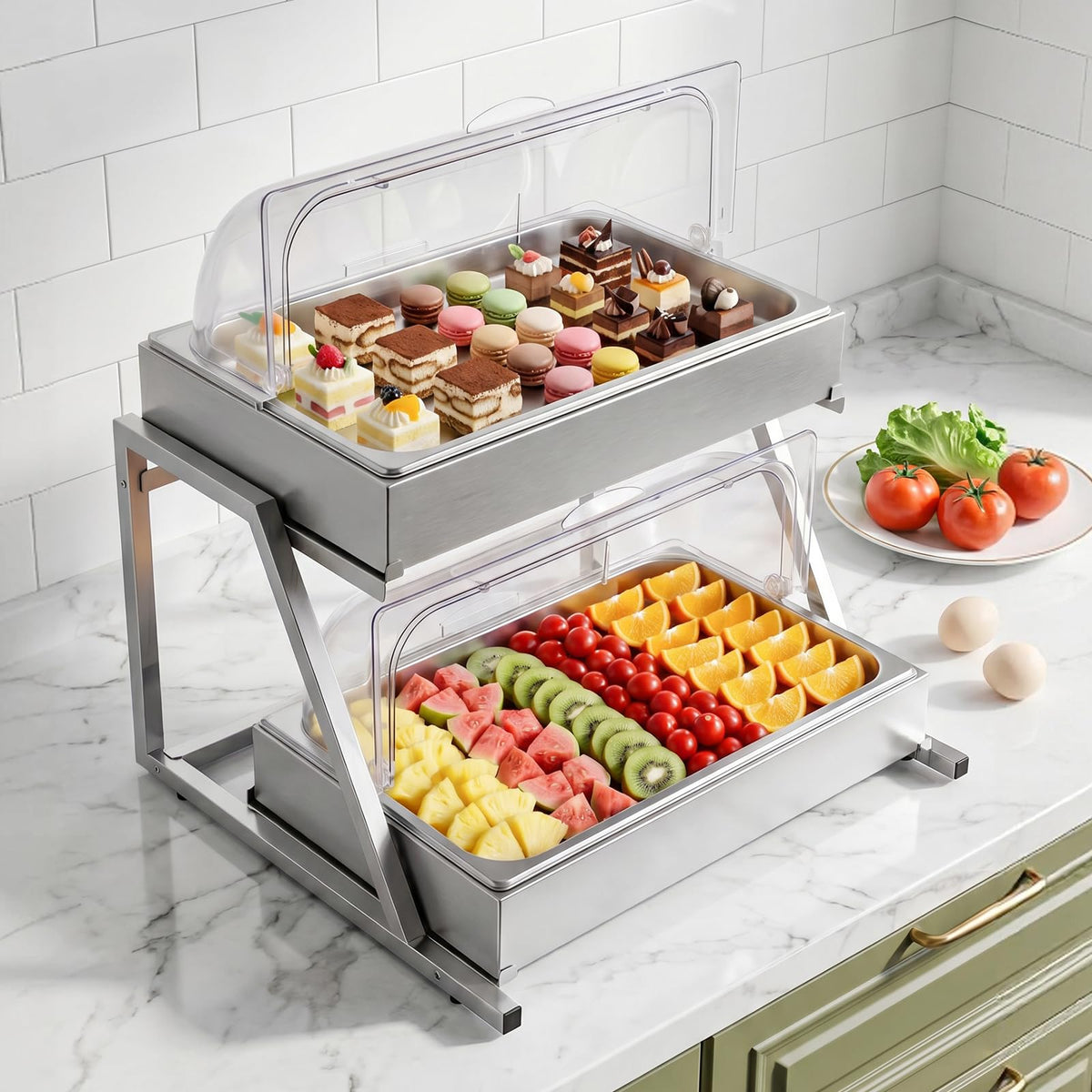 VEVOR Countertop Food Serving Display Container, 2 Tier Stainless Steel Food Salad Server Tray, Buffet Condiment Dispenser, Ice Cooled Rack with Clear Roll Top Cover, for Restaurant Hotel (1/1 Pan x2)