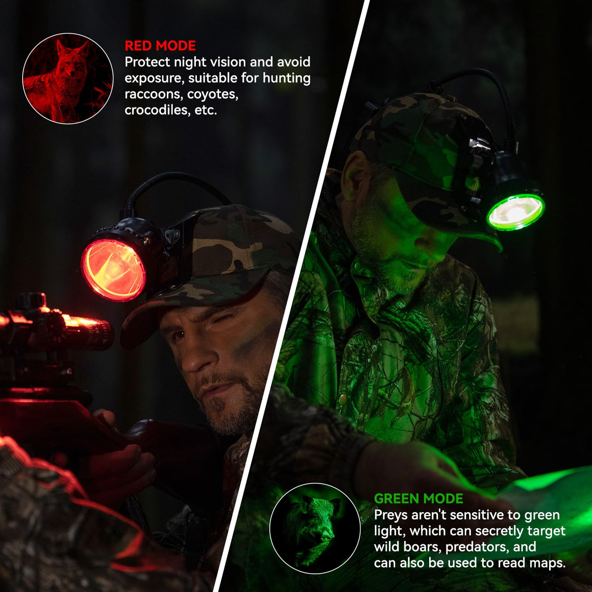 GearOZ 10W LED Coon Hunting Lights for Predator Coyote Hog, 55000 LUX Super Bright Hunting Headlamp Rechargeable, IPX5 Waterproof White Light & Red/Green Optical Filters, 5 Position Switch Soft Cap
