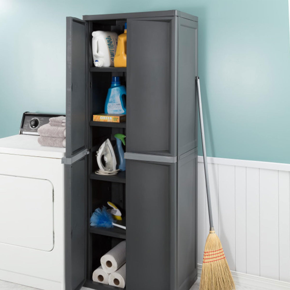 Sterilite 4 Shelf Cabinet, Heavy Duty and Easy to Assemble Plastic Storage Unit, Organize Bins in the Garage, Basement, Attic, Mudroom, Gray, 1-pack