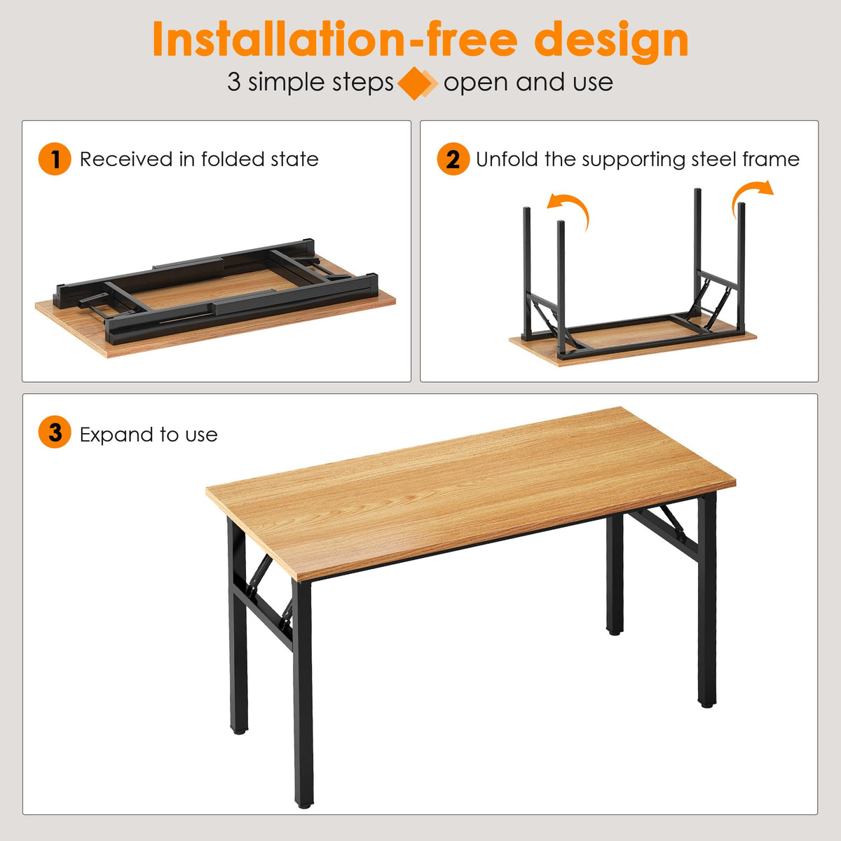 Need Home Office Desk 47 inches Folding Computer Table Workstation No Install, Teak and Black