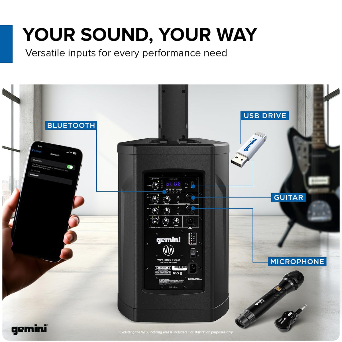 Gemini Battery Powered PA System - Wireless Line Array Speakers with Subwoofer, 185W Column Array, Built-in Mixer, 8 Hour Battery, DJ Karaoke Outdoor Events (WPX-2000TOGO)