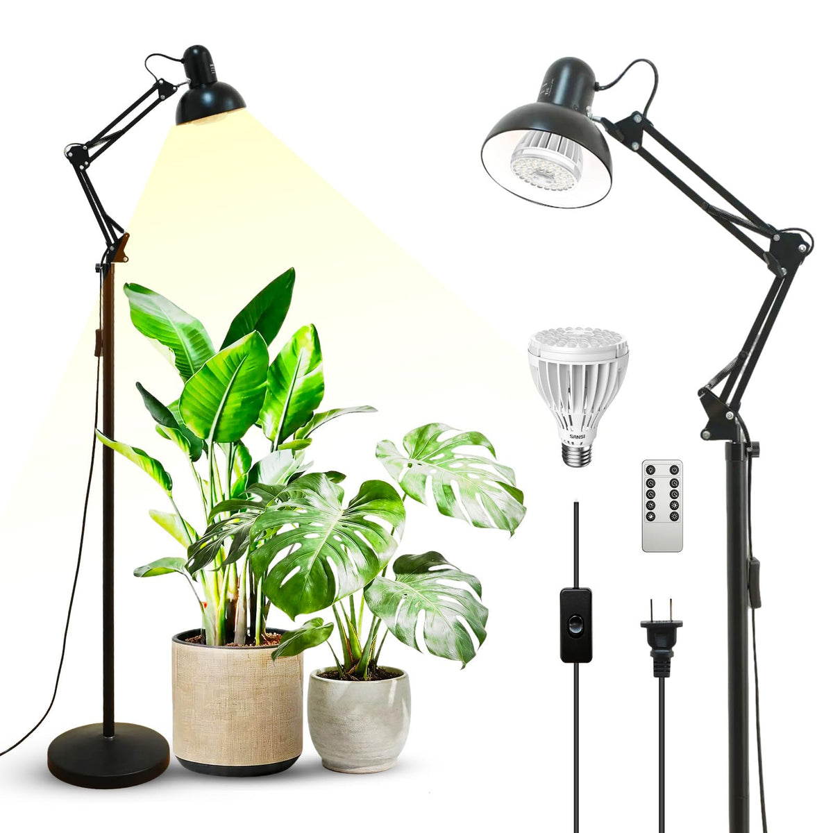 SANSI Grow Lights for Indoor Plants, 32W Plant Lights for Indoor Growing, Full Spectrum Dimmable 39-65 Inches High PPFD Standing Grow Light with PAR25 32W Bulb Remote Control Auto On/Off Timer
