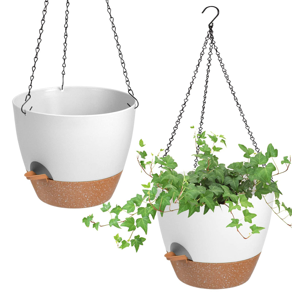 Vanslogreen Hanging Planters for Indoor Outdoor Plants, 2 Pack Self Watering Hanging Pot with Drainage Holes & Removable Tray (White, 8'')