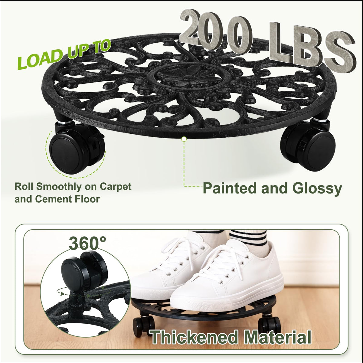2 Packs 11 Inch Rolling Plant Stand with Wheels Wrought Iron Rolling Plant Stand with Casters Heavy Duty for Indoor Plants Rollers Potted Plant Mover, Metal Round Plant Dolly