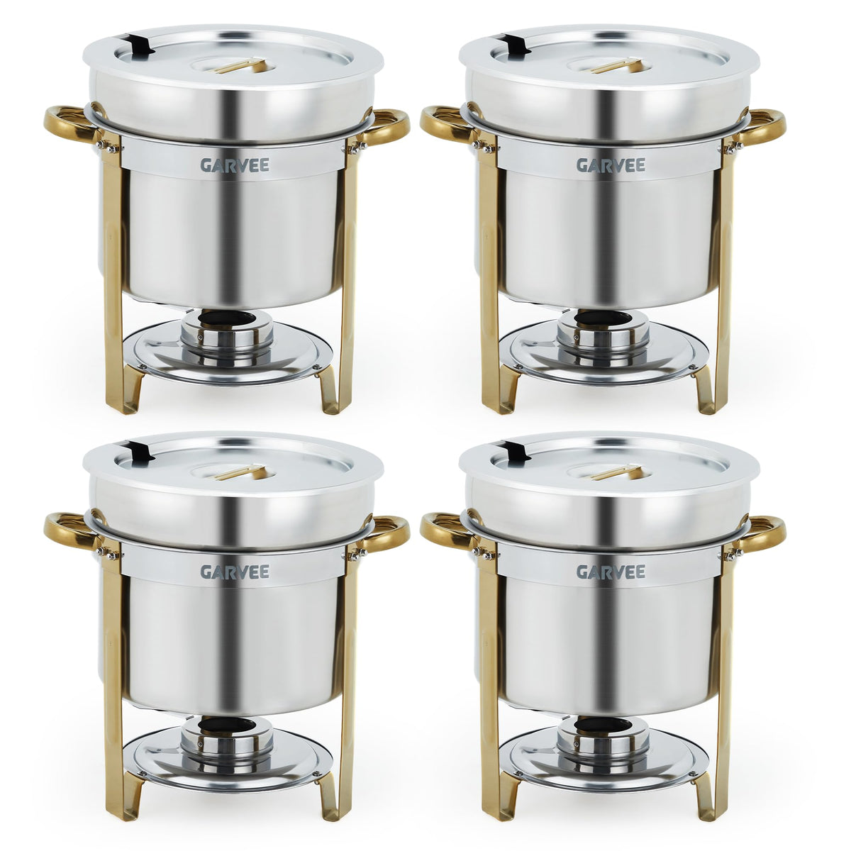 GarveeHome 7QT Round Soup Chafer Sets of 4, Commercial Soup Warmer with Pot, Notched Lids & Fuel Holders, Stainless Steel Food Warmer for Buffets Parties Wedding Banquets Catering, Gold