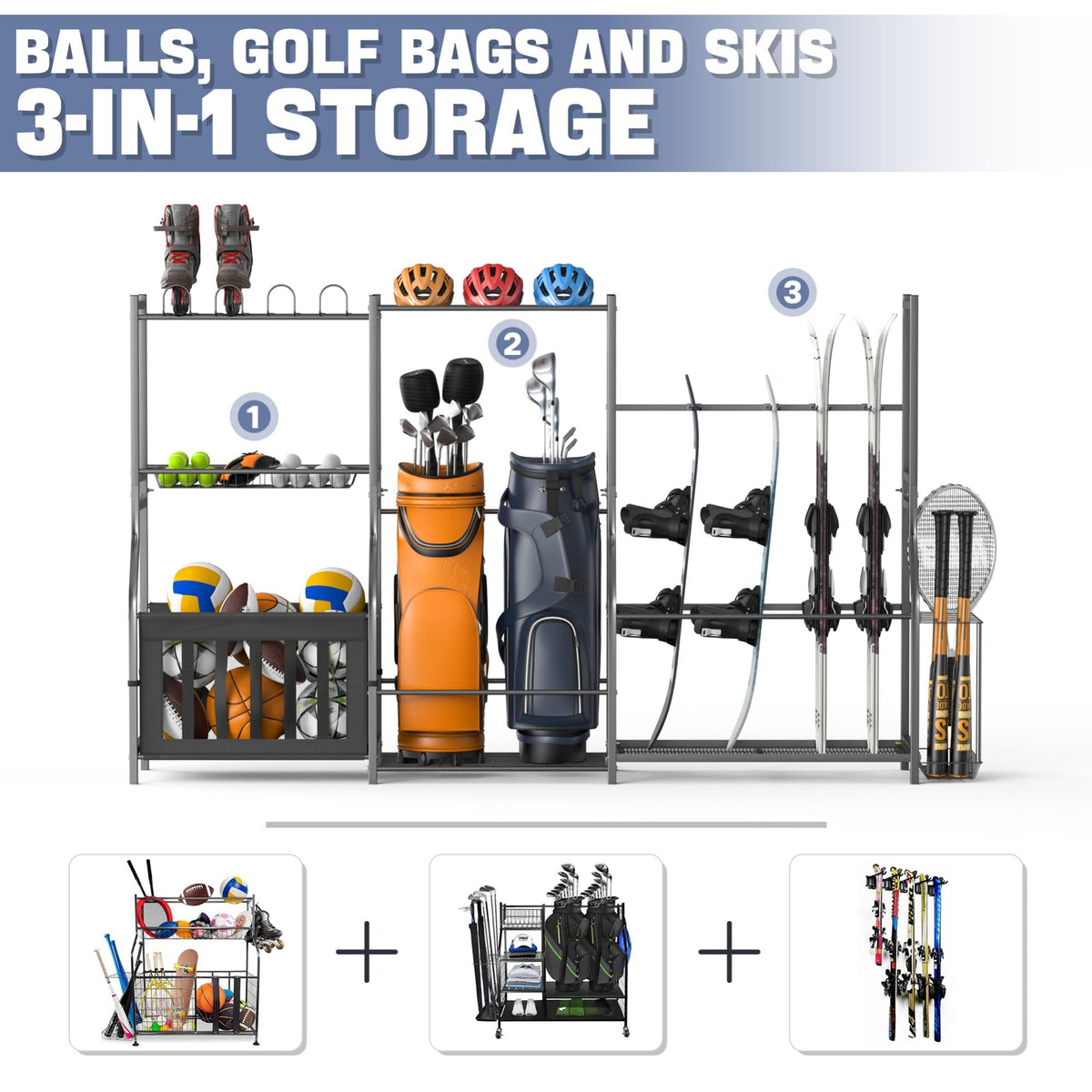 WALMANN Garage Sports Equipment Organizer Stand, Freestanding Ski & Snowboard Storage Rack with Ball Bin and Golf Bag Holder, Multi-Sport Storage for Garage