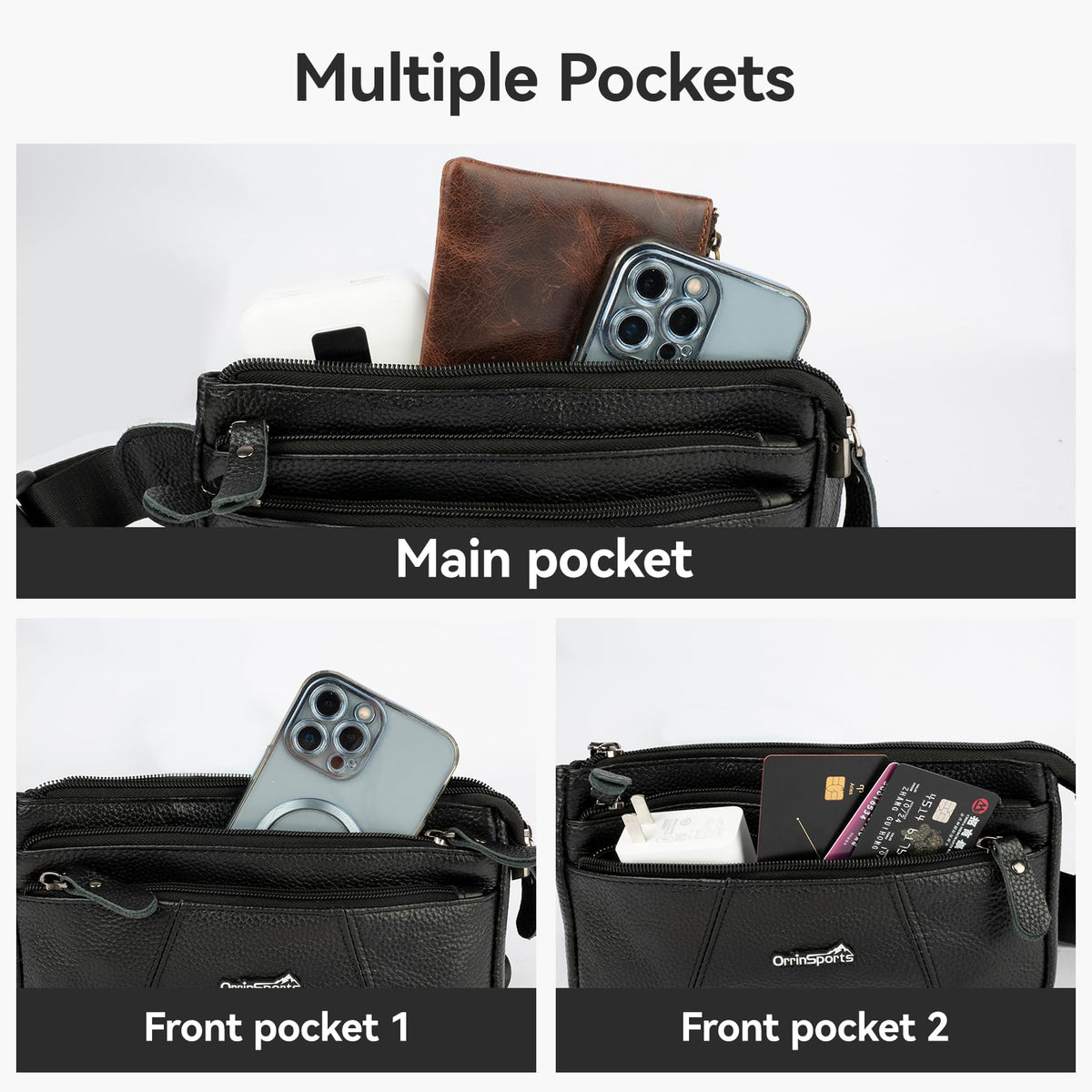 Leather Fanny Pack for Men Women,Genuine Leather Waist Belt Bag with Adjustable Strap Belt Hip Bag with Multi-Pockets for Travel Sports Running Cycling Hiking(Black)
