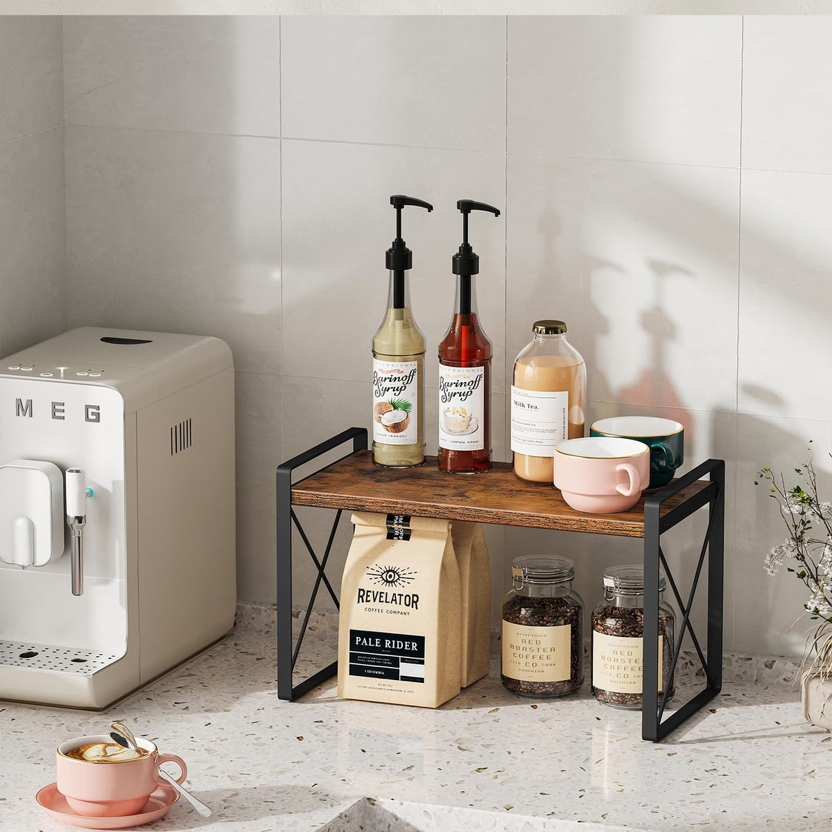 Giikin Countertop Shelf Organizer, Cupboard Stand Spice Rack, Retro Style Cabinet Shelf for Pantry, Kitchen, Bathroom, Reading Room, Bedroom to Save Space (7.8" D x 15.7" W x 9.4" H, Rustic Brown)